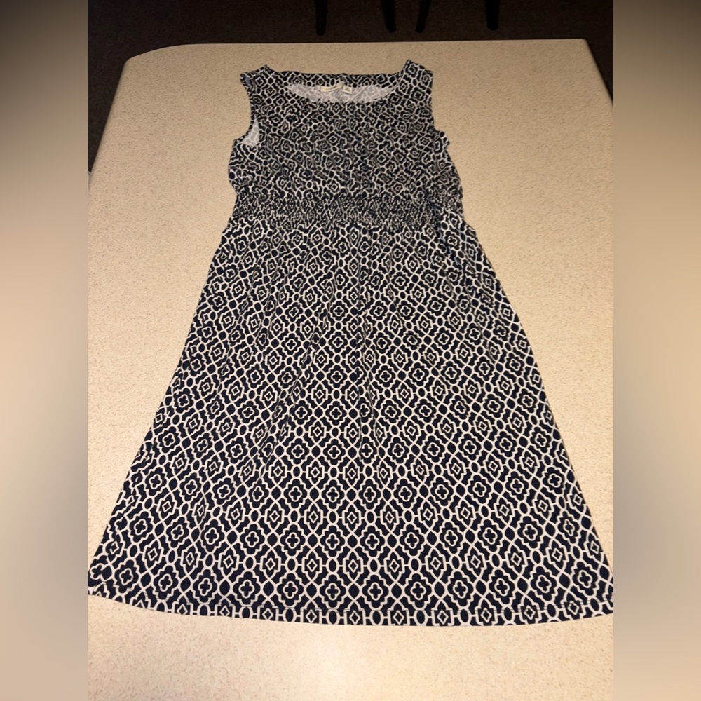 L.L.BEAN Geometric Print Sleeveless Tank Dress Navy White Large Vintage